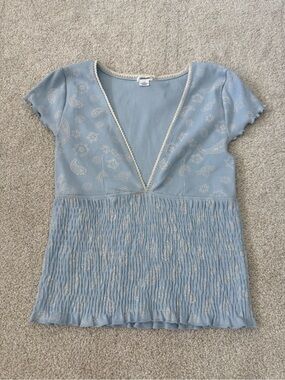 Urban Outfitters Light Blue Paisley V-Neck Short Sleeve Top